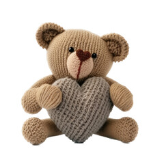 a spring-themed illustration featuring adorable isolated knitted or crochet teddy bear plush toys, including red hearts, all set on a transparent background and provided in PNG. Generative AI