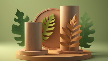 3D background, wood podium display. Natural wooden tube stand set. Nature Green with tree leaves and shadow. Product promotion Beauty cosmetic. Studio minimal, template mockup advertising. 3D render
