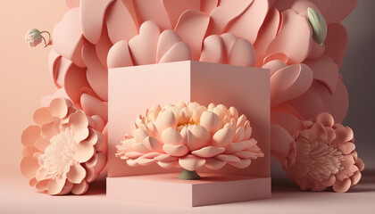 3D display podium pastel pink flower background. Peony blossom falling down. Nature minimal pedestal for beauty, cosmetic product presentation. Valentine, feminine copy space template 3d render