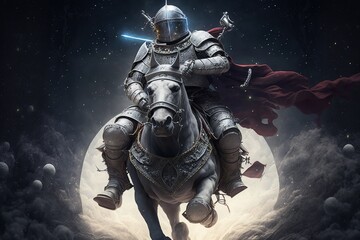 Medieval knight space walking, concept of Fantasy and Astronaut, created with Generative AI technology