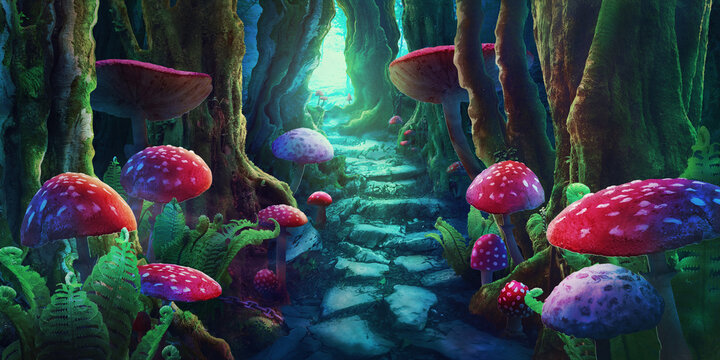 fantastic wonderland landscape with mushrooms. illustration to the fairy tale "Alice in Wonderlan