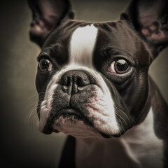 Studio shot with cute boston terrier dog portrait with the curiosity and innocent look as concept of modern happy domestic pet in ravishing hyper realistic detail by Generative AI.