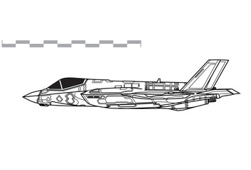Fototapeta na wymiar Lockheed Martin F-35A Lightning II. Vector drawing of stealth multirole fighter. Side view. Image for illustration and infographics.