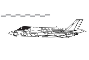 Fototapeta na wymiar Lockheed Martin F-35C Lightning II. Vector drawing of carrier based stealth multirole fighter. Side view. Image for illustration and infographics.