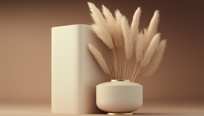 3D podium display on beige, background and dry pampas grass in vase. Bright cosmetic, beauty product promotion pedestal with shadow. Nature showcase composition. Abstract minimal studio 3D render