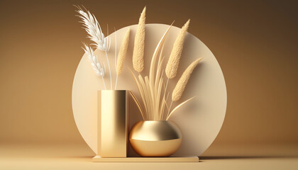 3D podium display on beige, background and dry pampas grass in vase. Bright cosmetic, beauty product promotion pedestal with shadow. Nature showcase composition. Abstract minimal studio 3D render