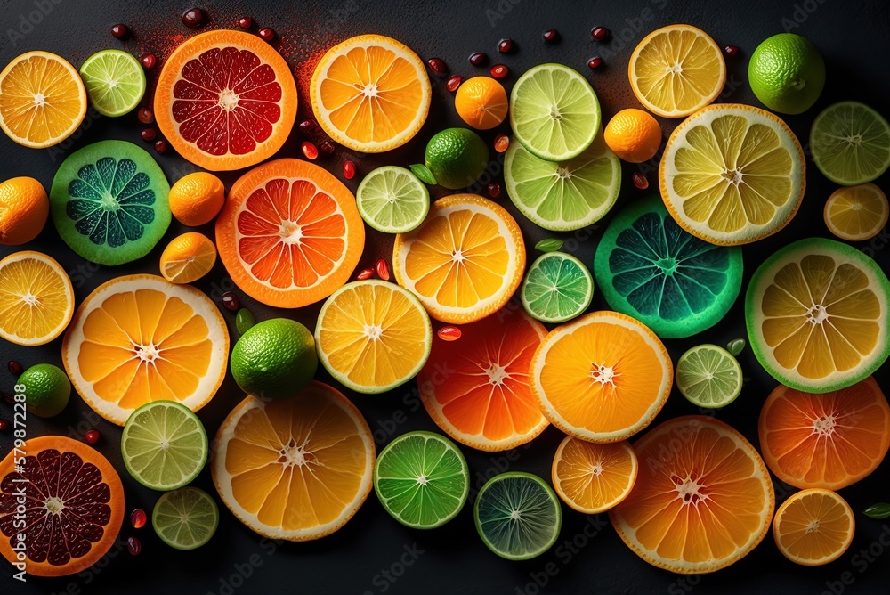 Poster several citrus patterns photographed for use as culinary backdrops generative ai