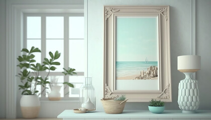 Fototapeta na wymiar Mockup frame in Coastal interior background