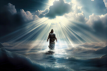 Jesus Christ walking on water on the sea of Galilee, with beams of light coming from the heavens, beautiful digital artwork ai	