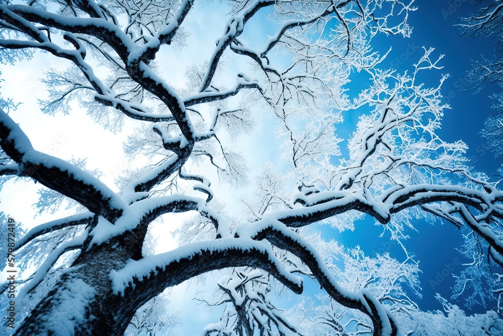 Poster wintertime low-angle view of snow-covered tree limbs generative ai