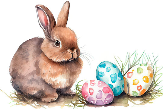 Little cute bunny with Easter eggs. Watercolor illustration on a white background. Generative AI.