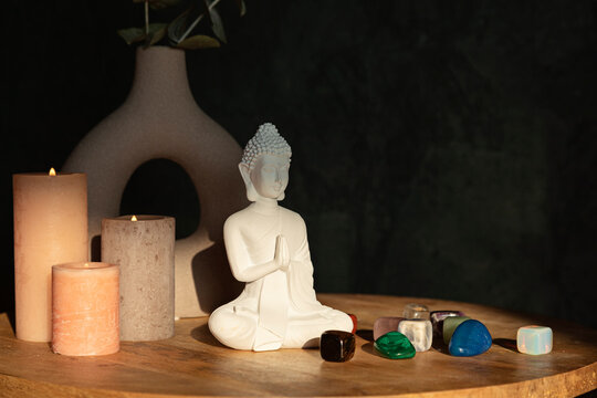 Buddha Statue,  Candles  And Gemstones. Balance And Calm Energy Flow At  Home, Purifying The Air,  Decrease Stress Level Concept