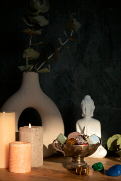 Buddha Statue,  Candles  And Gemstones. Balance And Calm Energy Flow At  Home, Purifying The Air,  Decrease Stress Level Concept