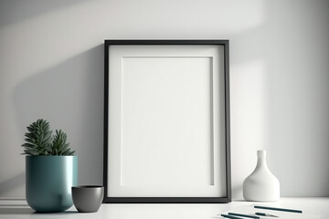 Blank frame on a white wall  - blank mockup -made with generative ai