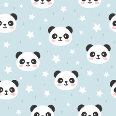 Cute panda bear blue background with stars texture baby girl and boy seamless pattern for fabric and textile print, wrapping paper vector design