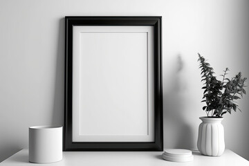 Black frame against white wall  - blank mockup -made with generative ai