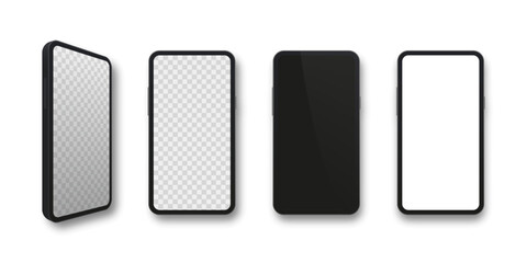 Phone screen, gadget front and perspective view template set. Smartphone mockup vector illustration.