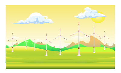 Rows of wind turbines in open field. Clean and renewable energy, environmental conservation and alternative energy. vector illustration