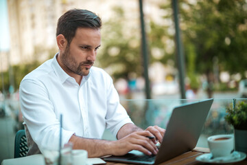 Fototapeta premium Businesswoman using laptop at cafe