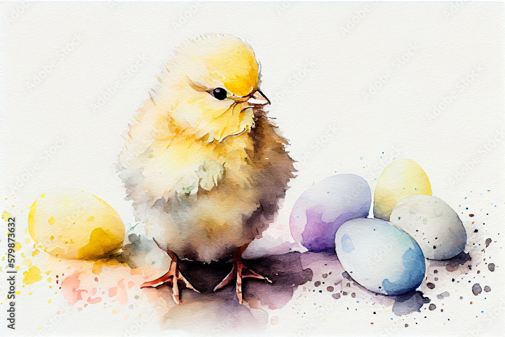 Wall mural Little cute chick with colored eggs. Symbol of Easter. Watercolor illustration on a white background. Generative AI.