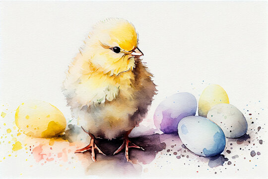 Little cute chick with colored eggs. Symbol of Easter. Watercolor illustration on a white background. Generative AI.