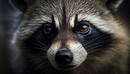 Beautiful raccoon extreme close up portrait. Looking straight in the camera