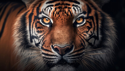 Fototapeta premium Beautiful tiger extreme close up portrait. Looking straight in the camera