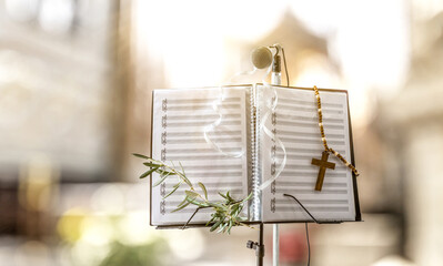 Choral concept for Palm Sunday celebration with lectern in church