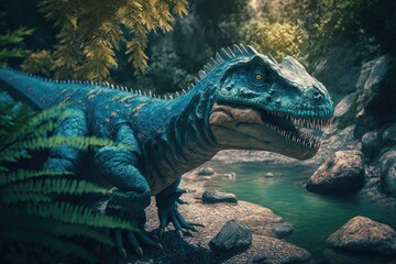 Huge dinosaur against the mountain background of a prehistoric forest at sunset Generative AI