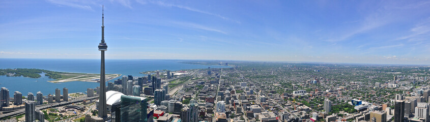 Panoramic view of Lake Ontario over the city centre of Toronto, Ontario, Canada.