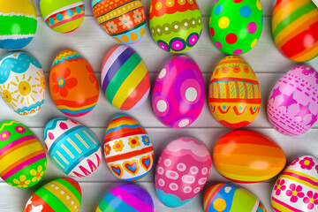 Beautiful colorful easter eggs on white wooden table.