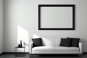 Modern living room white couch and empty photo frame on wall - made with generative AI