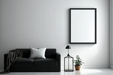 Modern living room black couch and empty photo frame on wall - made with generative AI