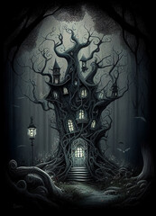 Spooky forest house illustration. Generative AI