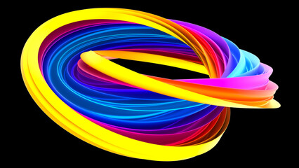 Rainbow abstract twisted shape. Bright curl, artistic spiral. Abstract element for design. 3D rendering image. Image isolated on a white background.