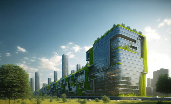 Sustainable Green City With Futuristic Office Building And Architecture . Sublime Generative AI Image .