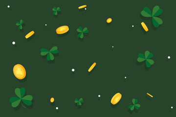 Happy Saint Patrick's Day background with clover, golden coins and place for text. Vector illustration. 