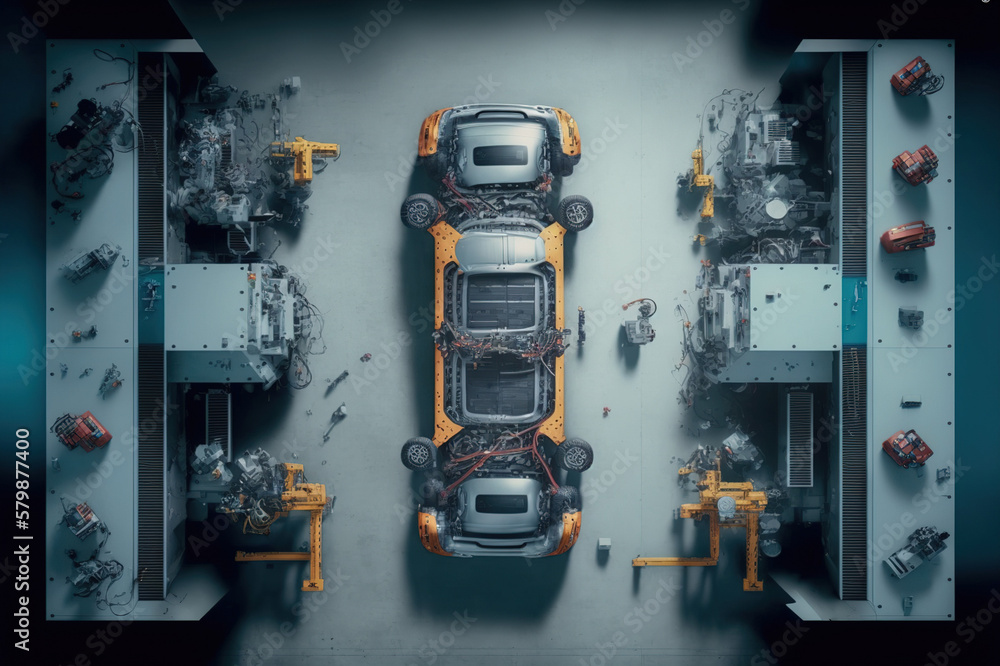 Aufkleber top view car factory with automated robot arm assembly line manufacturing . sublime generative ai im