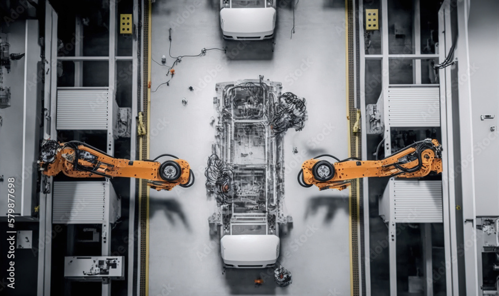 Aufkleber top view car factory with automated robot arm assembly line manufacturing . sublime generative ai im