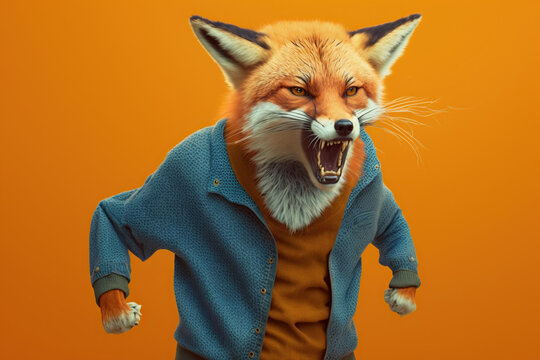 Studio portrait of a very angry furious fox, created with Generative AI technology