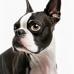 Adorable boston terrier dog portrait isolated on white background as concept of domestic pet in ravishing hyper realistic by Generative AI.