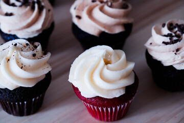 Mini red velvet and chocolate cupcakes with icing