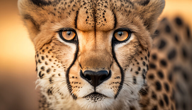 Beautiful cheetah extreme close up portrait. Looking straight in the camera