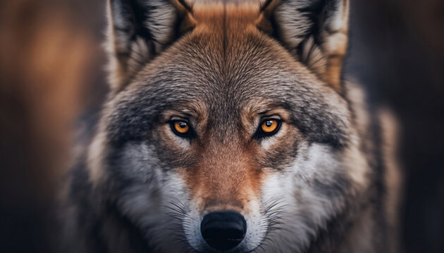 Beautiful wolf extreme close up portrait. Looking straight in the camera