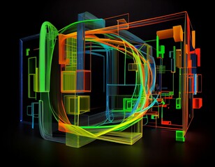 3d rendering, abstract virtual reality blue green lime orange yellow background, tech themed jigsaw puzzle, neon wireframe terrain on black background.  Generative AI.