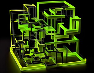3d rendering, abstract virtual reality green lime and black background, tech themed jigsaw puzzle, neon wireframe terrain on black background.  Generative AI.