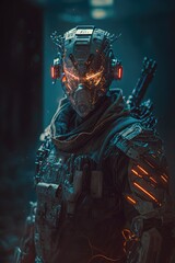 Obraz na płótnie Canvas Futuristic soldier wearing modern armor, cyberpunk style. Created with generative Ai technology