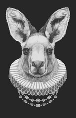 Portrat of Kangaroo with Elizabethan Collar. Hand-drawn illustration