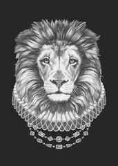 Portrat of Lion with Elizabethan Collar. Hand-drawn illustration