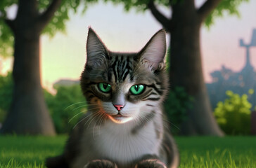 Obraz premium Cute cat on walk at sunset. Beautiful pussycat on street in park. Generative AI.